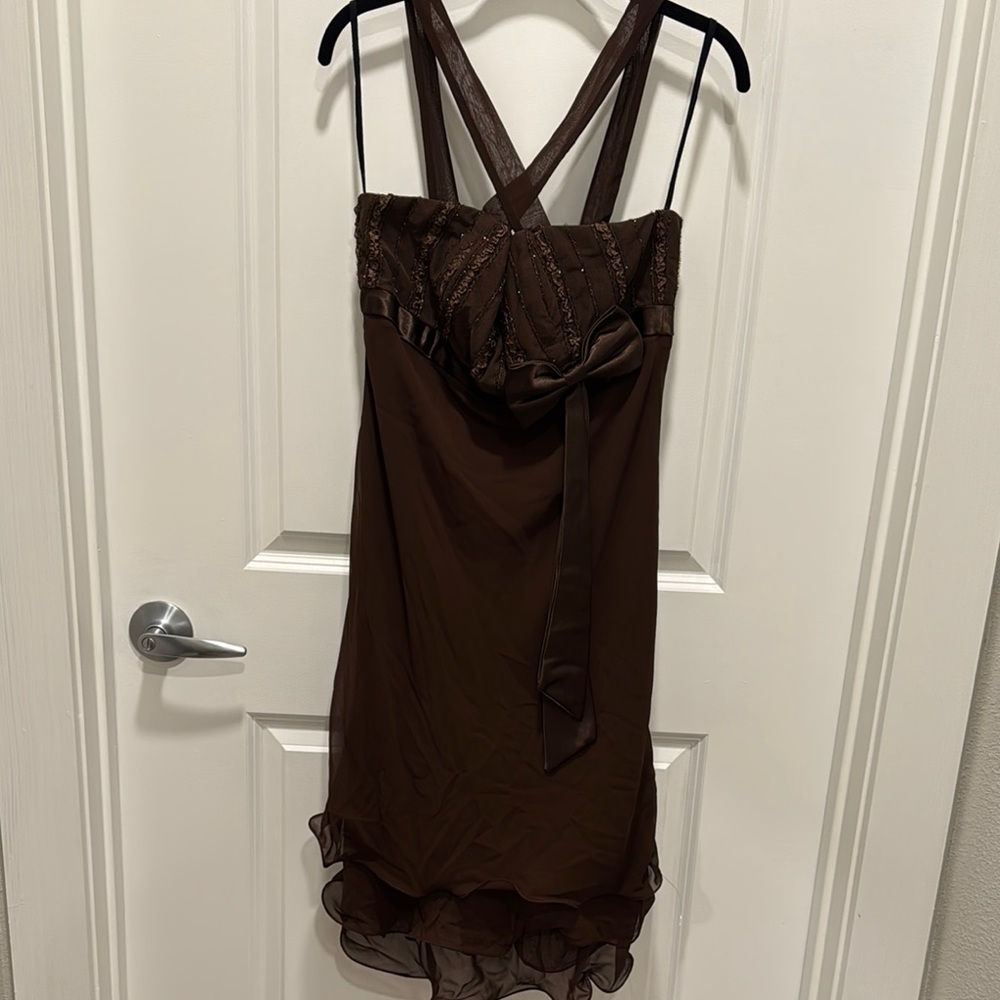 Y2K coquette Brown Vintage Piping Dress with Satin bow. Made in the U.S.A
